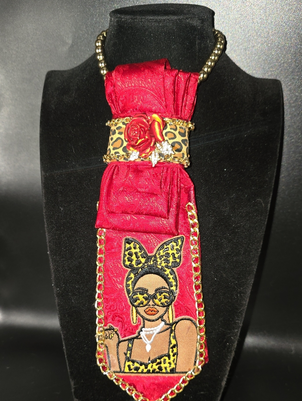 Women’s Statement Red Leopard-Accent Tie Necklace